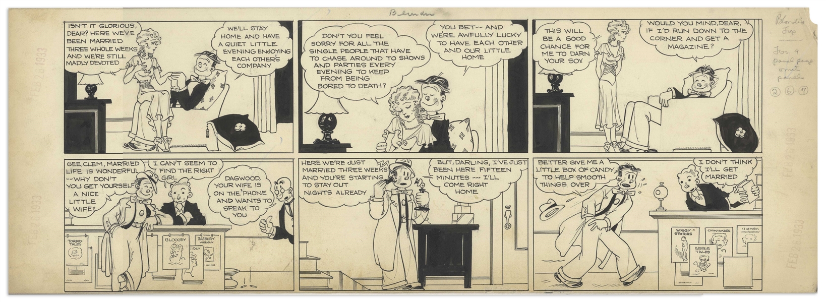 Chic Young Hand-Drawn ''Blondie'' Sunday Comic Strip From 1933 -- Blondie and Dagwood as Newlyweds, Just Days After Their Wedding